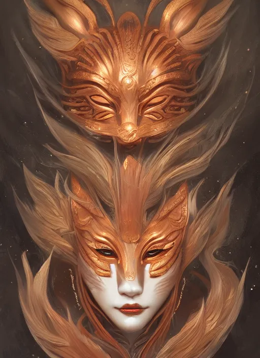 Image similar to a beautiful detailed oil on copper art illustration of a japanese kitsune mask woman, centered, by charlie bowater, zeng fanzh, trending on artstation, dim dusk lighting, cinematic lighting, detailed lighting, volumetric lighting, realistic, f 8, 4 k hd wallpaper