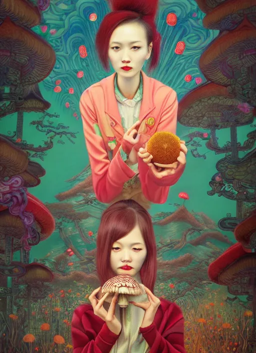 Image similar to pretty chinese girl holds hallucination mushroom : : by martine johanna and simon stalenhag and chie yoshii and casey weldon and wlop : : ornate, dynamic, particulate, rich colors, intricate, elegant, highly detailed, centered, artstation, smooth, sharp focus, octane render, 8 k