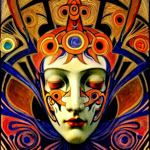 Image similar to masterpiece painting of a facemask made of stylized flowers, by annie swynnerton and jean delville and tino rodriguez and john watkiss, flower mask, art deco shaman, art brut, symbolist, dramatic lighting, god rays, elaborate geometric ornament, clean crisp graphics, soft cool colors, smooth, sharp focus, extremely detailed