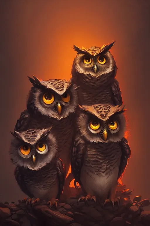 Image similar to portrait of a rock band made up of anthropomorphic owls, dramatic lighting, highly detailed, digital painting, artstation, concept art, smooth, sharp focus, illustration, art by wlop, mars ravelo and greg rutkowski