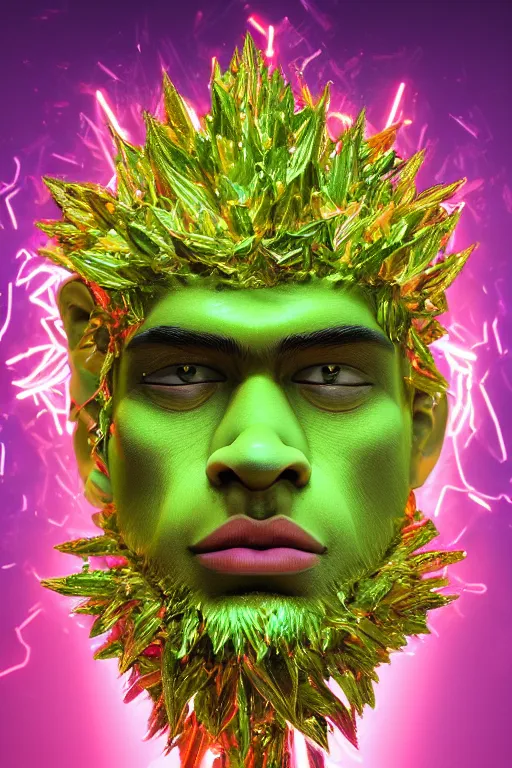 Image similar to hyper detailed ultra sharp portrait of baroque and bladerunner delicate neon ruby sculpture of seductive albino zayn malik gorilla green radioactive humanoid deity wearing metallic hoody made out of leaves holding the sun prismatic dungeon, glowing rainbow face, crown of white diamonds, cinematic lighting, photorealistic, octane render 8 k depth of field 3 d