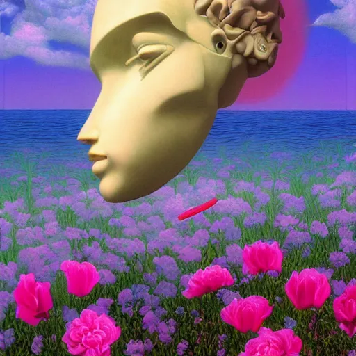 Image similar to a surreal surreal surreal vaporwave vaporwave vaporwave vaporwave painting by Thomas Cole of an old pink mannequin head with flowers growing out, sinking underwater, Macintosh Plus, Macintosh Plus, Macintosh Plus, highly detailed, caustics, sunrays, 8k hyperdetails