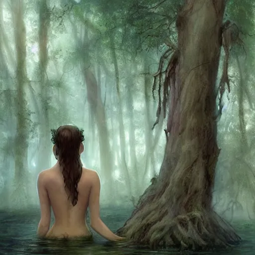 Image similar to forest nymph rising from the water. view from behind, wide angle view, back view. nuri iyem, james gurney, james jean, greg rutkowski, anato finnstark, davinci, emma watson, gigachad. trending on artstation, starlight, and enchanted dreams. instagram photo shoot, trending on pinterest, corrected hand, perfect hands