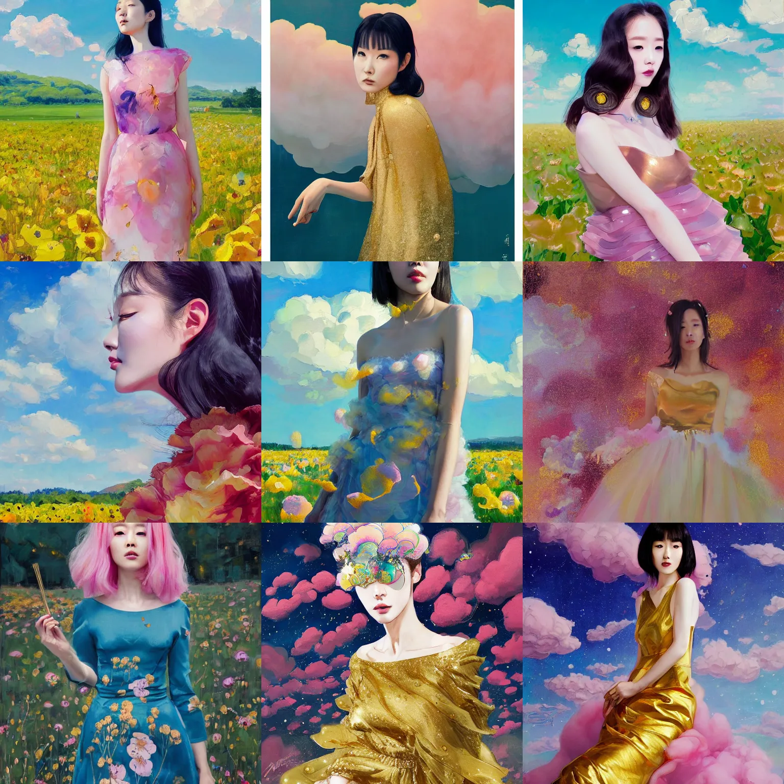 Prompt: lee jin - eun in elegant chic interstellar lush dress emerging from gold gold by martine johanna, michael garmash and katsuhiro otomo, rule of thirds, seductive look, beautiful, cotton candy clouds, puyallup berteronian, himalayan poppy flowers, gorgeous, face anatomy