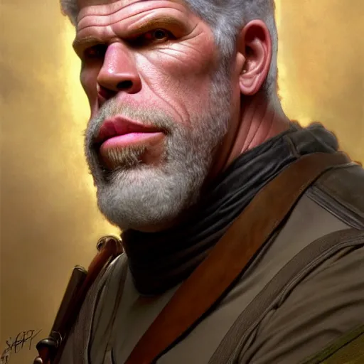 Image similar to full portrait of ron perlman as forrest gimp, fantasy, d & d, intricate, detailed, by by alphonse mucha, adolfo hohenstein, alice russell glenny, stanley artgerm lau, greg rutkowski, detailed, trending on artstation, trending on artstation, smooth