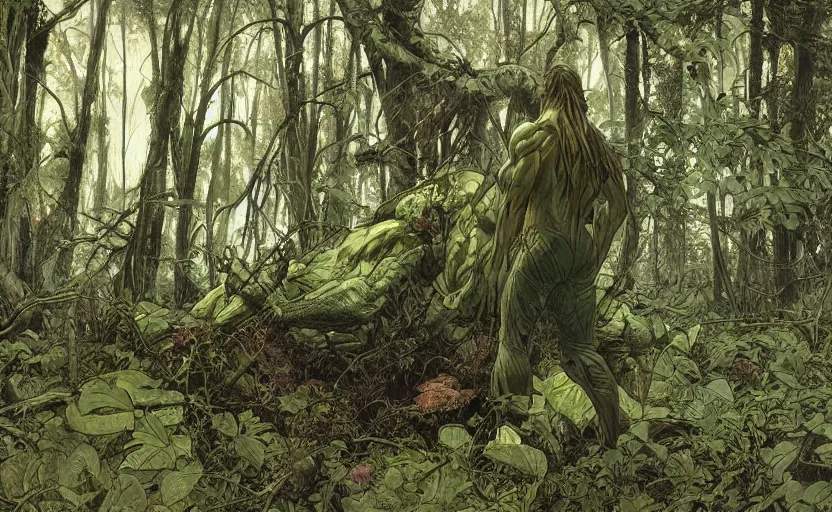 Prompt: digital painting of side view of swampthing walking in ovni crash site on swamp wasteland, extraterrestrial body parts on the floor, forest, moss, elegant artwork by lee bermejo and greg rutkowski and alphonse mucha