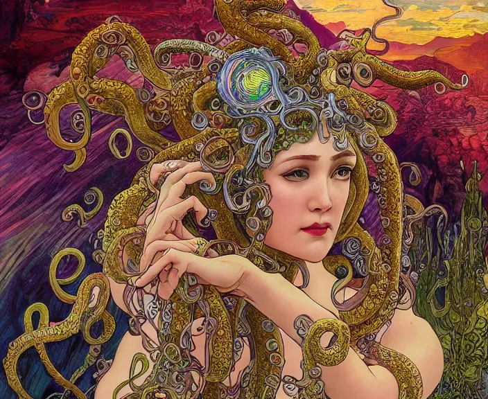 Prompt: portrait of an octopus goddess, full body shot, rule of thirds, wide angle, amazing landscape in background, fantasy, whimsical, horror, art by riot games and chengwei pan and josephine wall and amanda sage and alphonse mucha, intricately detailed, highly detailed, luxurious, elegant, clean, unsettling, trending on artstation