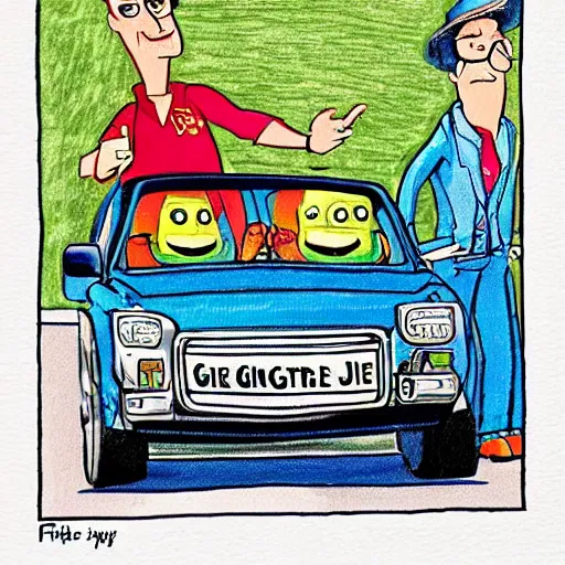 Image similar to one, two, three, four, five everybody in the car, so come on, let's ride to the liquor store around the corner the boys say they want some gin and juice but i really don't wanna, drawing by pixar