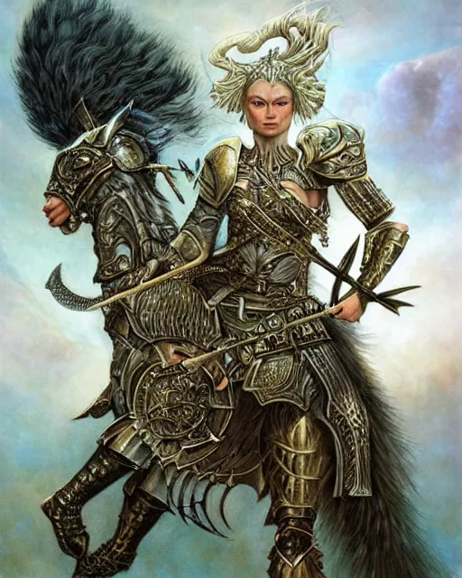 Image similar to a fierce and muscular warrior princess in full armor, fantasy character portrait by howard david johnson, kay nielsen, yael nathan