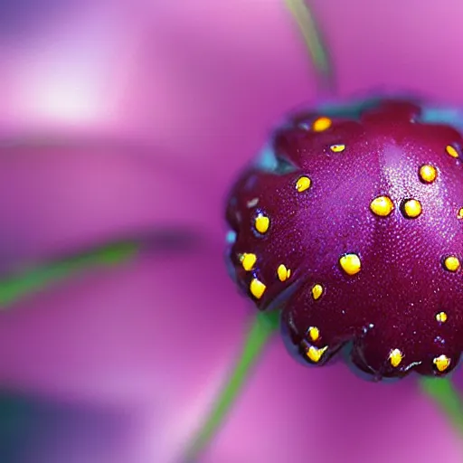 Prompt: realistic flower macro with ladybug dewdrops volumetric lighting 4 k