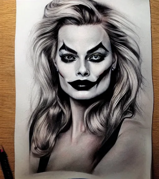 Image similar to tattoo design sketch of beautiful margot robbie portrait with joker makeup, in the style of den yakovlev, realistic face, black and white, faded edges, realism tattoo, hyper realistic, highly detailed