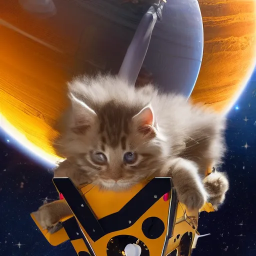 Image similar to Next to the James Webb Telescope in outer space, an action sequence of an astronaut ((cream colored Maine Coon kitten)) space walk, an unopened bag of kitty litter floats nearby, in the background friendly cute cute cute alien spacecraft, highly realistic, 4K, 8K, road trip