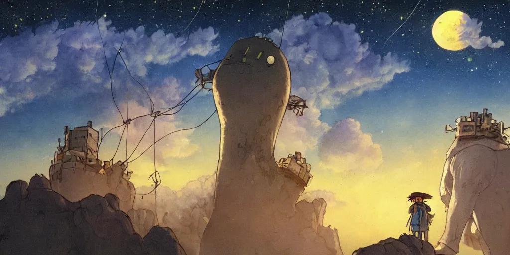 Prompt: a realistic cell - shaded concept art from howl's moving castle ( 2 0 0 4 ) of a huge floating cube from close encounters of the third kind ( 1 9 7 7 ). it is a misty starry night. a mammoth is in the background. very dull colors, hd, 4 k, hq