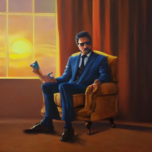 Image similar to detailed oil painting of tony stark sitting in an armchair in a room with the setting sun, by jama jurabaev, brush hard, golden hour, brush stroke