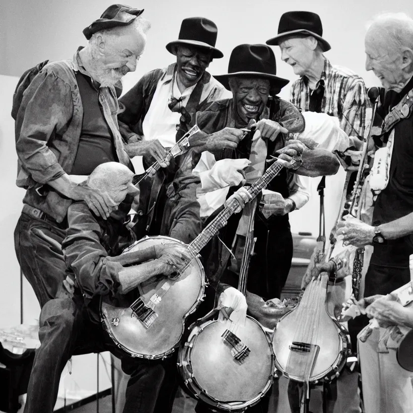 Image similar to black and white photo of 9 0 year old pete seeger playing a banjo and singing with lil nas x who is also playing a banjo - award winning