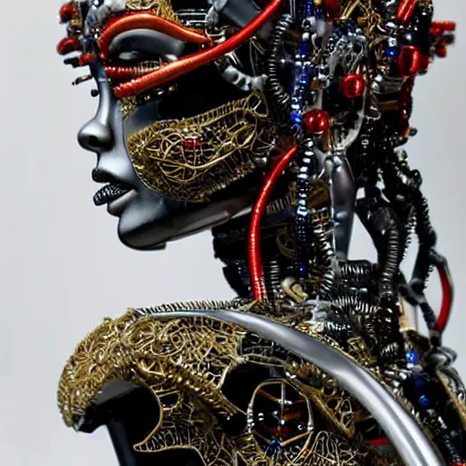 Image similar to close - up side view portrait of cyborg ( ( ( ( ( ( ( geisha ) ) ) ) ) ) ), robotic, machina, super intricate ornaments artwork.