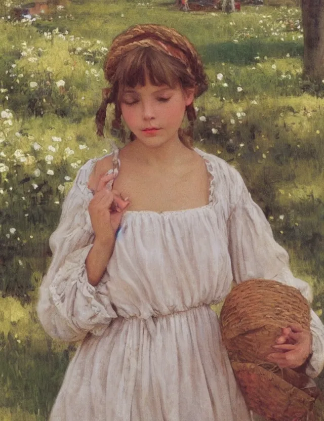 Image similar to girl peasant girl with décolleté showing shhh 🤫 sign, portrait , lolita aesthetics, Cottage, Cinematic focus, Polaroid photo, vintage, neutral colors, soft lights, foggy, by Steve Hanks, by Serov Valentin, by lisa yuskavage, by Andrei Tarkovsky, by Terrence Malick, 8k render, detailed, oil on canvas