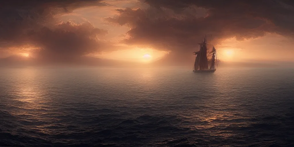 Prompt: strange sea surface of planet at sunset, caustics, refraction, sailing ship on horizon, ultra high definition, ultra detailed, symmetry, fog, matte painting, by greg rutkowski and ross tran and wlop