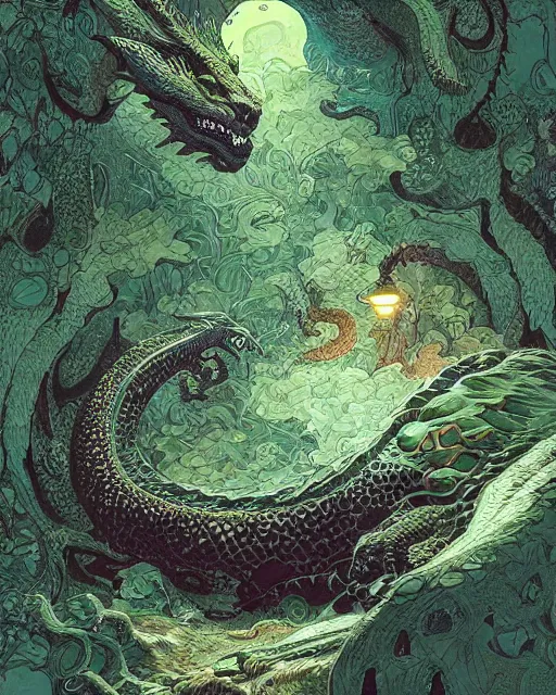 Prompt: a giant slumbering sleeping green dragon, digital art, illustrated by james gurney and victo ngai