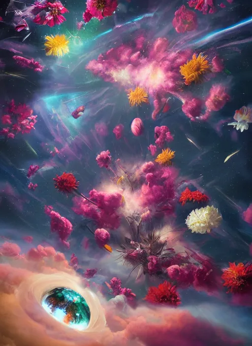 Image similar to An epic fantastic realism comic book style painting of the most beautiful flowers launched into space, bouquets, dark cosmos, fisheye lens, unreal 5, DAZ, hyperrealistic, octane render, dynamic lighting