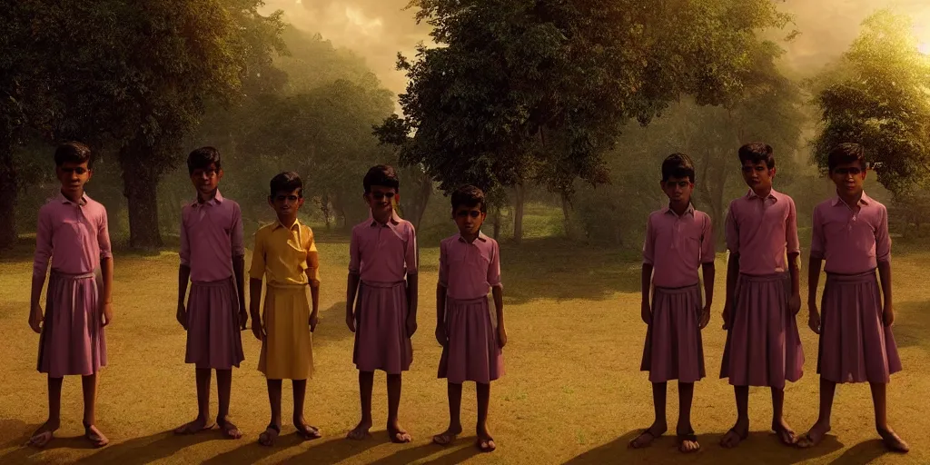 Prompt: kerala school boys wearing girls dresses posing for a photo, daylight, an epic fantasy, dramatic lighting, cinematic, establishing shot, extremely high detail, photorealistic, cinematic lighting, artstation, matte painting by christopher nolan, horizon forbidden west