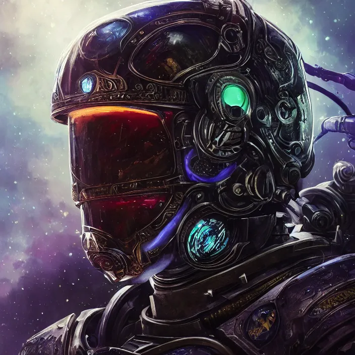 Prompt: portrait art of 8k ultra realistic space marine, side profile, galaxy reflection ion in helmet, deep space , detailed intricate ornate armour,eldritch horror,blade runner, cybernetic, full of colour, cinematic lighting, trending on artstation, 4k, hyperrealistic, focused, extreme details,unreal engine 5, cinematic, masterpiece, art by ayami kojima, giger