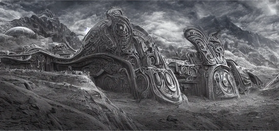 Image similar to Dune spaceship by H.R. Giger taking off from Machu Picchu hidden city, photographic reality, hyperreal , complete scene, ornate, details, smooth, sharp focus, illustration, realistic, cinematic, artstation, award winning, rgb, ethereal blue lighting, cyberpunk look, biomechanical mask. bio luminescent biomechanical, halo, jellyfish. , unreal engine, octane render, cinematic light, iridescent details, iridescent colors, dichroic, macro, depth of field, blur, 8K,