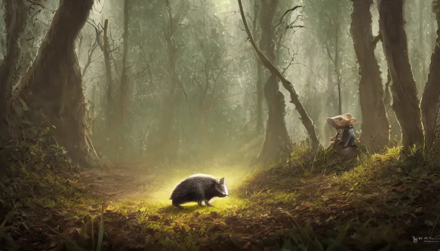 Image similar to A badger wearing a dark brown cloak and a walking stick entering a forest clearing, beside the badger, there is a small mouse they look at the light shining through the trees, hyperdetailed, artstation, art by Andrew Bosley, , 8k