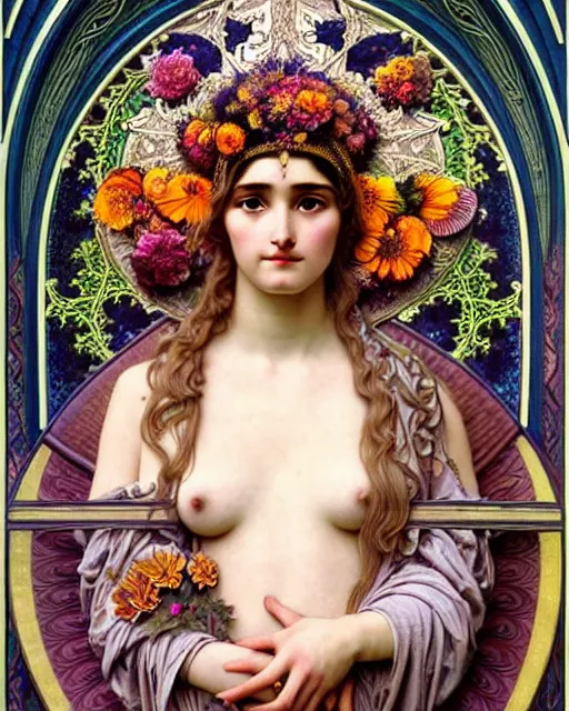 Prompt: hyperrealistic detailed portrait of a beautiful young goddess with an intricate headgear morphing into a gothic cathedral, authentic ornamental architecture, flowers, art by ernst haeckel, john william godward, android jones, alphonso mucha, h. r. giger, gothic, neo - gothic, ornamental, beautiful deep colours,