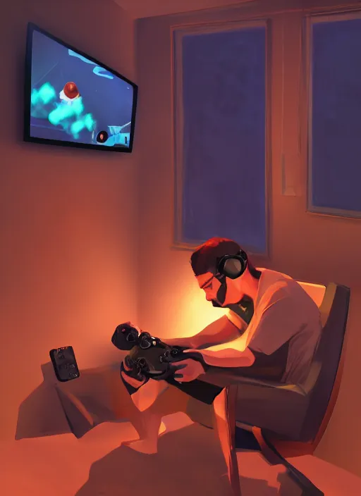 Image similar to video gamecore, gamecore, gamercore portrait of a man playin playstation 5 on his bedroom at night, cinematic perspective, trending in artstation, behance, deviantart