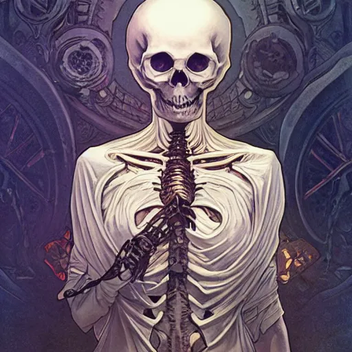 Image similar to skeleton with eyes, cinematic shot, 8 k, art by artgerm and greg rutkowski and alphonse mucha