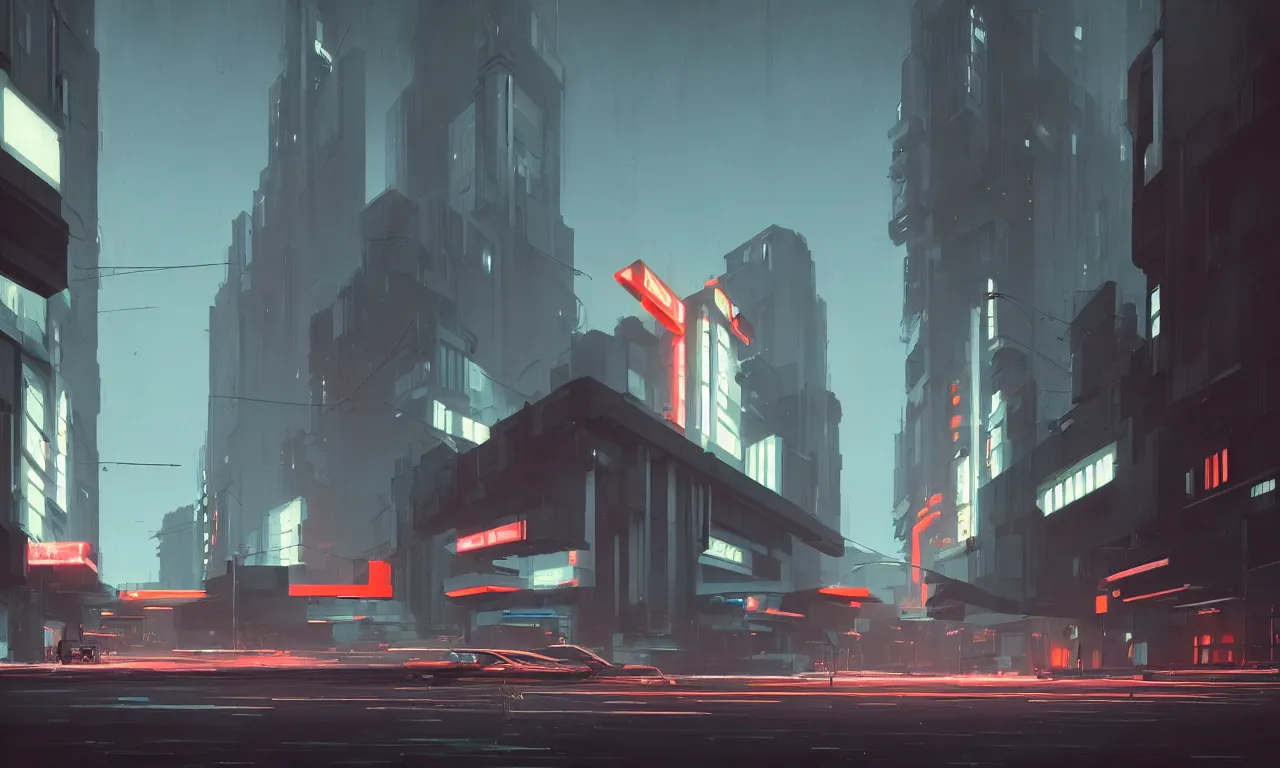 Prompt: streetscape, simple brutalist architecture, white neon lights, neon signs, flying vehicles, pedestrians, greg rutkowski, syd mead, ralph mcquarrie, concept art, matte painting, finely detailed, minimal artifacts, rule of thirds, dynamic lighting, cinematic, denoised, centered, artstation