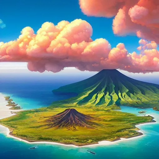 Image similar to a painting a breathtaking aerial view of Hawaiian islands, surrounded by palm trees, clouds, flowers, volcano, azure ocean, sunlight glistening, glow, , a detailed matte painting by sylvain sarrailh, Stephan Martinière, by RHADS, Makoto Shinkai, bokeh, Artstation contest winner, fantasy art, concept art, #vfxfriday