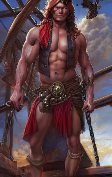 Prompt: pretty muscular sam winchester as a pirate in a pirate ship, fantasy style, sharp focus!, ultra detailed, art by artgerm and peter andrew jones, wlop