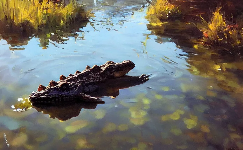 Image similar to a cute alligator in a river by Atey Ghailan and Michael Garmash