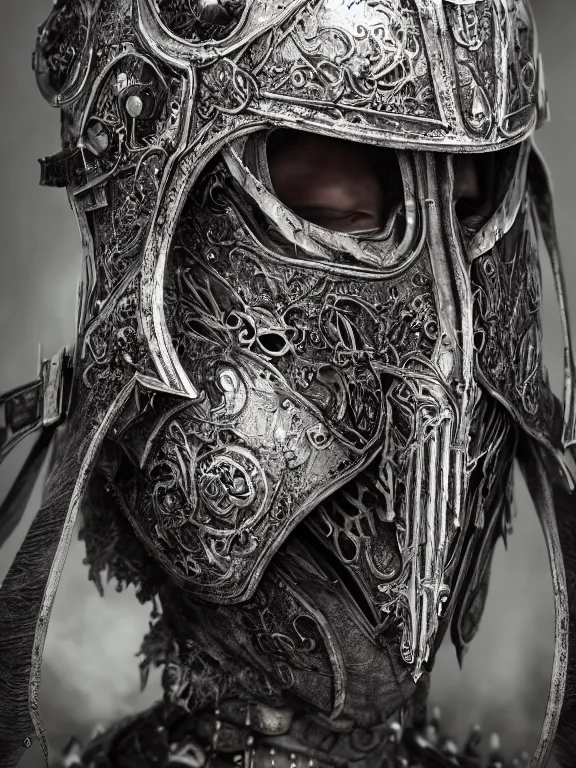 Image similar to portrait art of 8k ultra realistic undead medieval knight,detailed ornate helmet, detailed white and black intricate ornate armour,decaying, cybernetic, full of colour, cinematic lighting, battered, trending on artstation, 4k, hyperrealistic, focused, extreme details,unreal engine 5, cinematic, masterpiece, art by ayami kojima, giger