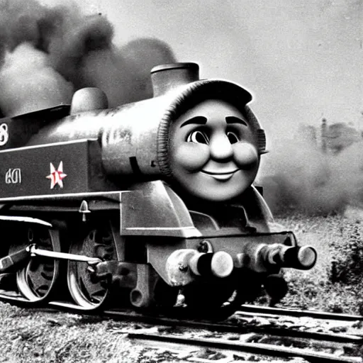 Prompt: WW2 era photograph of a rail artillery with Thomas the Tank Engine's face