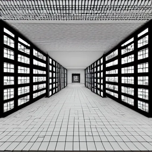 Prompt: symmetry, parallel perspective with center end point, parallax mapping of brutalist shop, by maurits cornelis escher, octane render, high quality