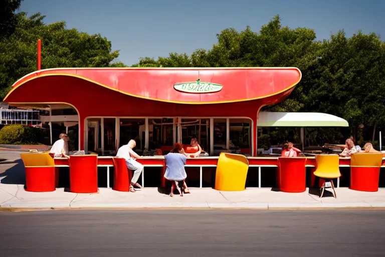 Image similar to 1 9 7 5 googie popsicle people sitting at tables, googie architecture, two point perspective, americana, restaurant exterior photography, hd 4 k, taken by alex webb