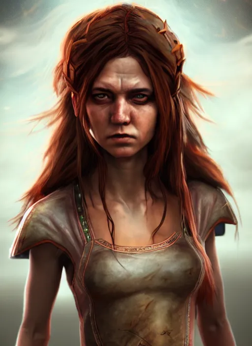 Prompt: an epic fantasy comic book style portrait painting of a girl with short dirty brown straggly hair, low lethargic insouciance voice with a drawl wearing a ragged dress, unreal 5, daz, hyperrealistic, octane render, cosplay, rpg portrait, dynamic lighting