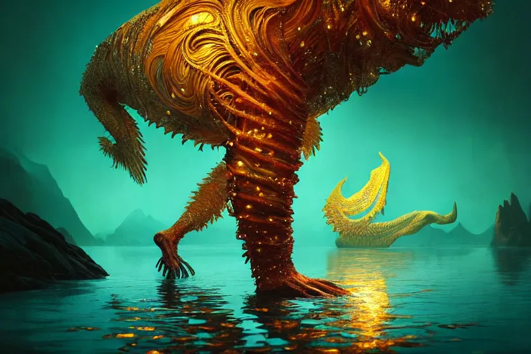 Image similar to creature in a alaska, water reflection, backlit, warm tones, bioluminescent bioluminescent translucent translucent : : by michal karcz, daniel merriam, victo ngai and guillermo del toro : : ornate, dynamic, particulate, intricate, elegant, highly detailed, centered, artstation, smooth, sharp focus, octane render, 3 d