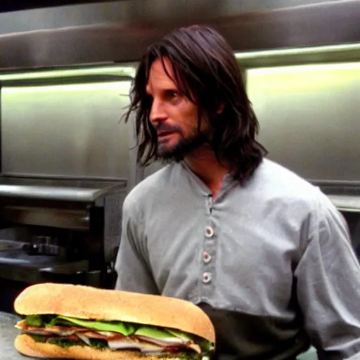 Prompt: aragorn working at subway making sandwiches