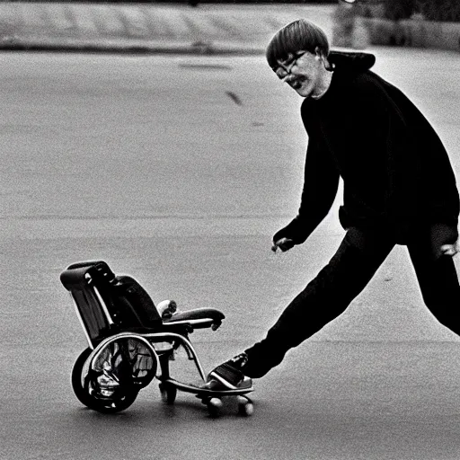 Image similar to Stephen Hawking skateboarding in a hoodie.