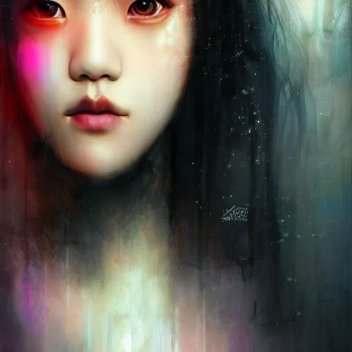 Image similar to jisoo of blackpink, hyperrealistic portrait, bladerunner street, by karol bak and agnes cecile, fantasy art, photo realistic, dynamic lighting, artstation, poster, volumetric lighting, very detailed face, 8 k, award winning