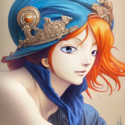 Image similar to intricately detailed vfx portrait of nami from one piece by eiichiro oda, makoto shinkai, alphonse mucha, art by artgerm and greg rutkowski, best of behance, concept art, matte, sharp focus, orange hair, elegant, adolphe bouguereau, annie leibovitz, stanley kubrick, 4 k hdr,