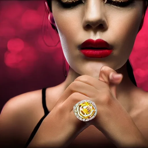 Image similar to ad for a complex golden ring with cameo and gems of a female mouth with a cyberpunk style, 8k, details, studio lighting, realism