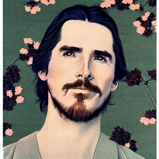 Image similar to “ christian bale portrait by ikenaga yasunari and ayana otake and ko rakusui, 6 0 s poster, drawing, realistic, sharp focus, japanese, dreamy, nostalgia, faded, golden hues, floral clothes, porcelain skin ”