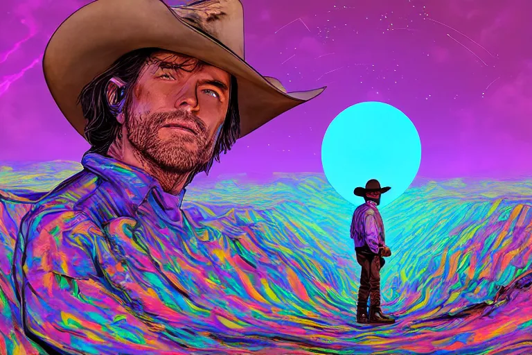 Image similar to an old western cowboy opening a portal to another dimension, psychedelic, vaporwave, synthwave, retro, digital art, acrylic, detailed,