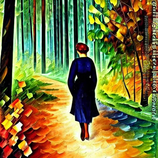 Prompt: a person walking through a forest, art by ivan bilibin and giacomo balla and ( ( leonid afremov ) ),