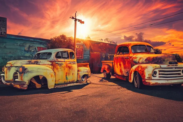 Image similar to a sunset light landscape with historical route 6 6, lots of sparkling details and sun ray ’ s, blinding backlight, smoke, volumetric lighting, colorful, octane, 3 5 mm, abandoned gas station, old rusty pickup - truck, beautiful epic colored reflections, very colorful heavenly, softlight